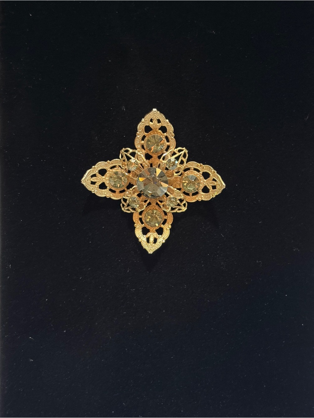 Gold Filigree Cross Brooch with Champagne Crystals
